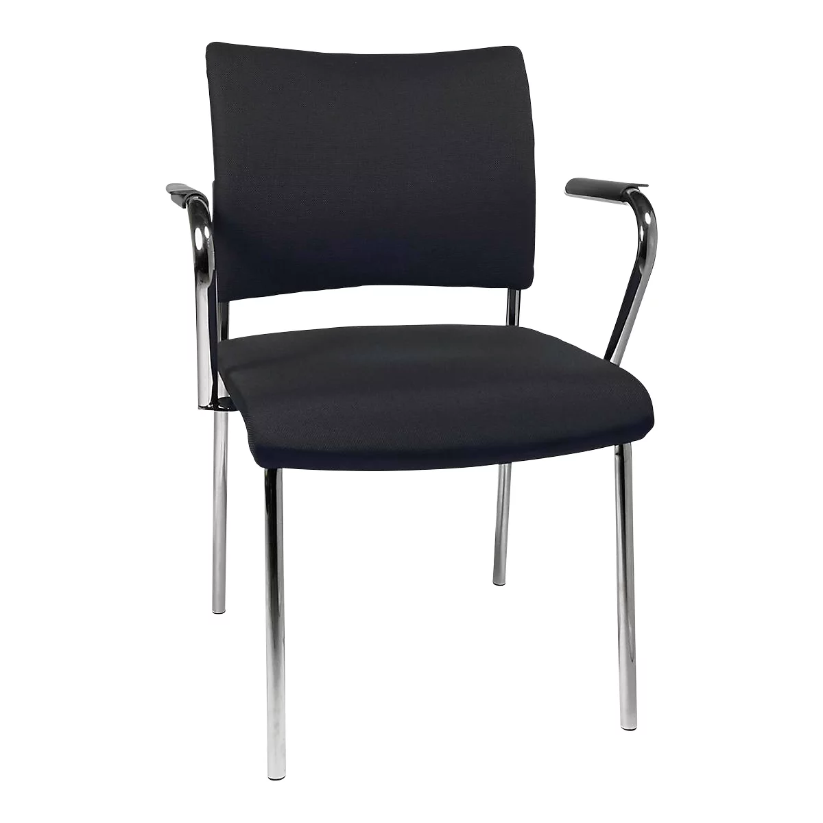 Black chair with armrests, chrome frame. The chair has a square back and a padded seat.
