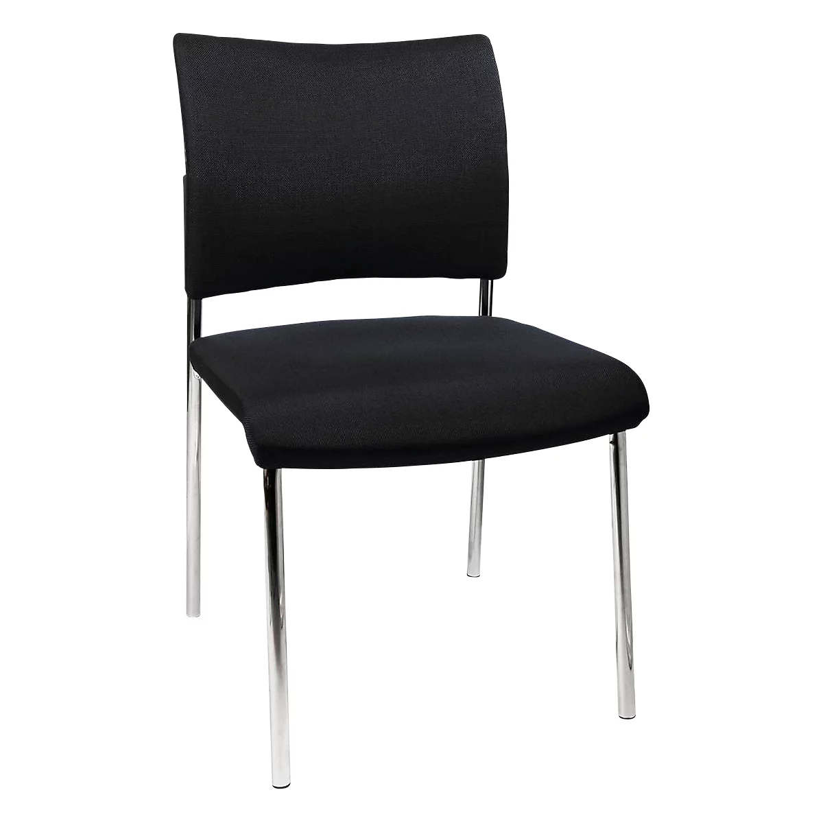 Black chair with metal legs against a neutral background. The seat and backrest are made of fabric.