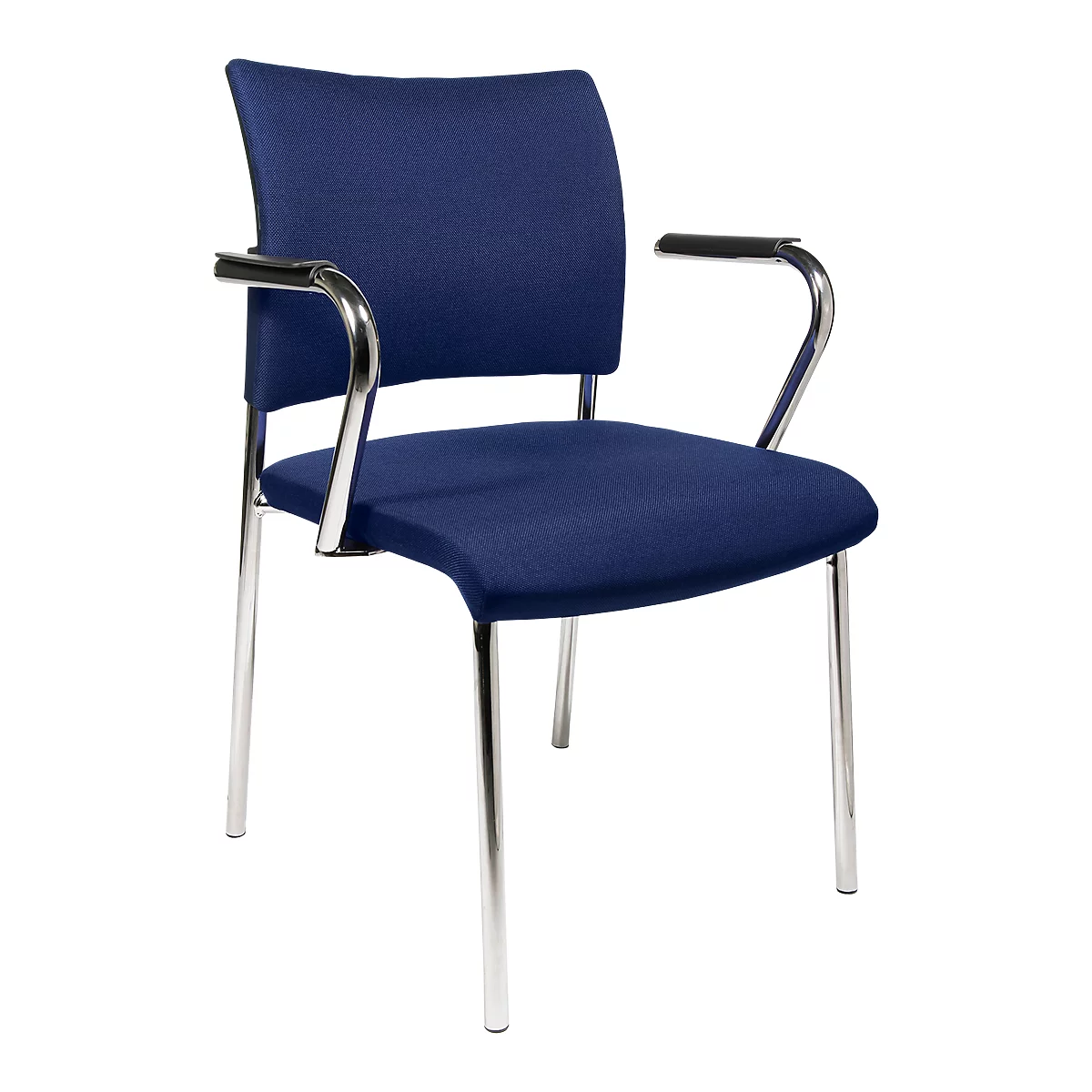 Blue office chair with armrests and chrome frame.