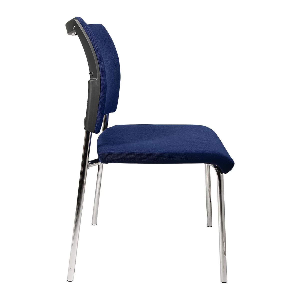 Blue chair with silver legs. The backrest is curved, the seat is square.