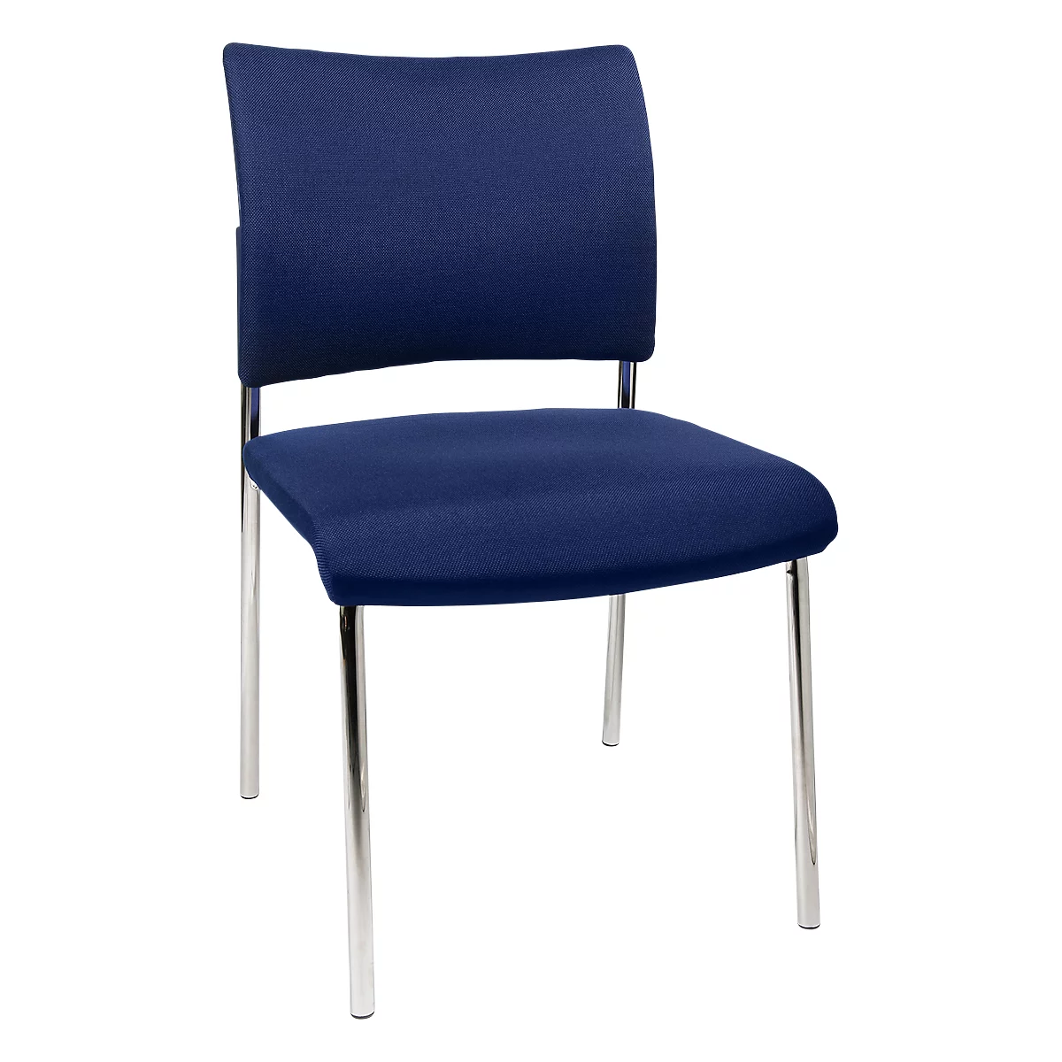 Blue chair with chrome legs. The seat and backrest are padded.