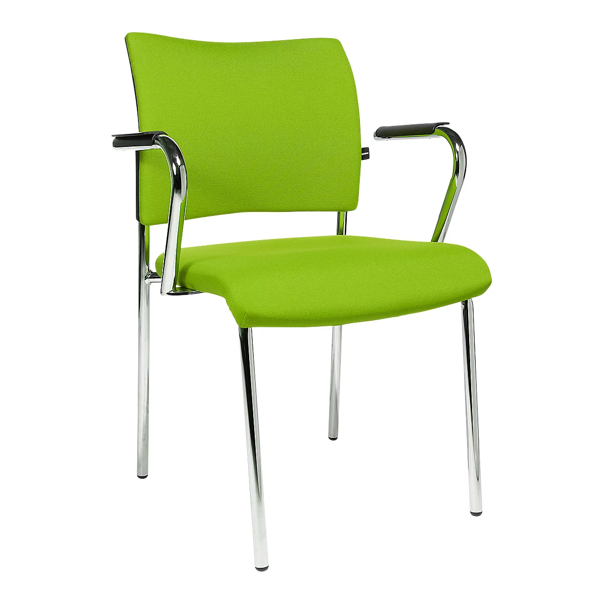 A green chair with chrome legs and armrests. The seat and backrest are light green.