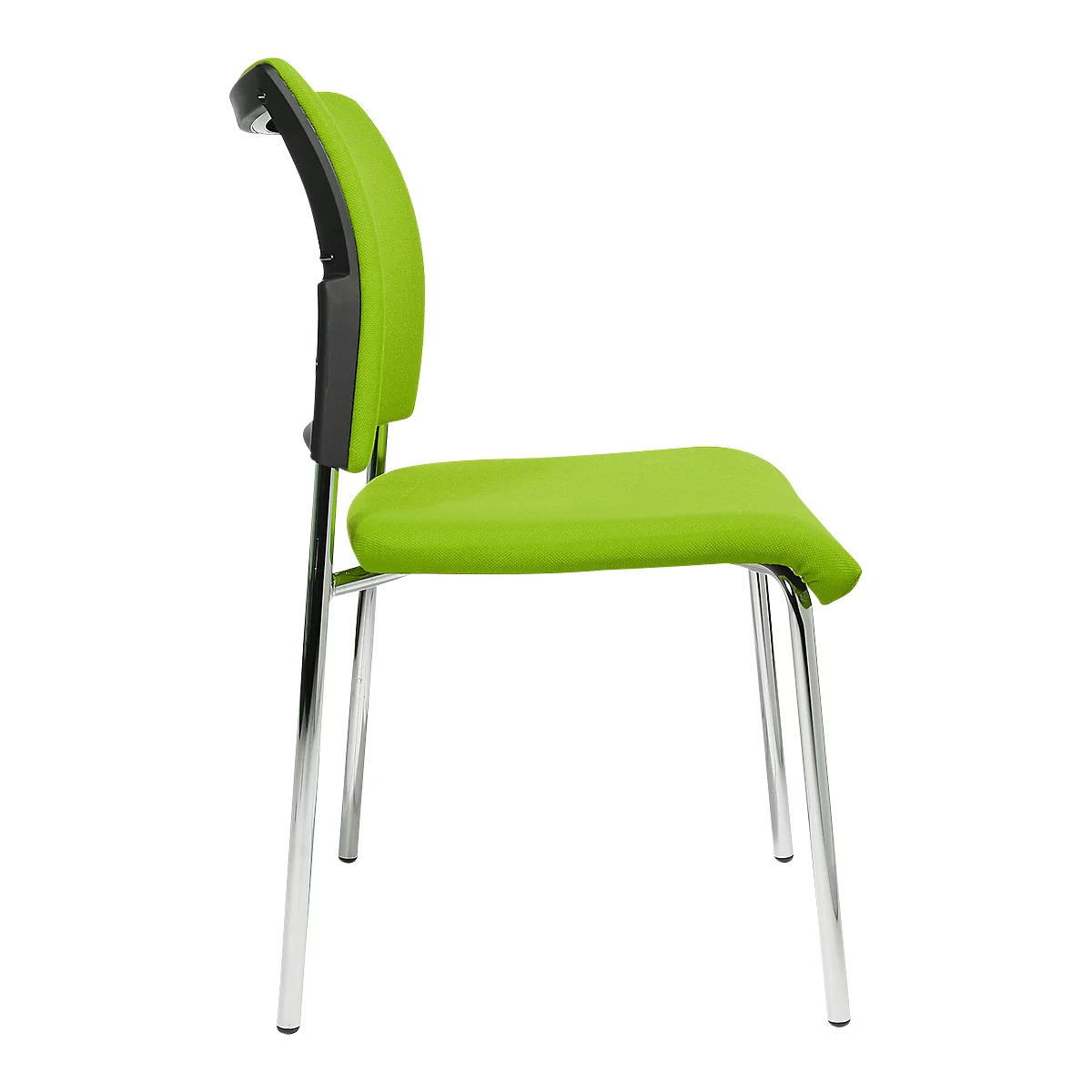 Green office chair with chrome legs in profile. Backrest and seat in light green, black details.