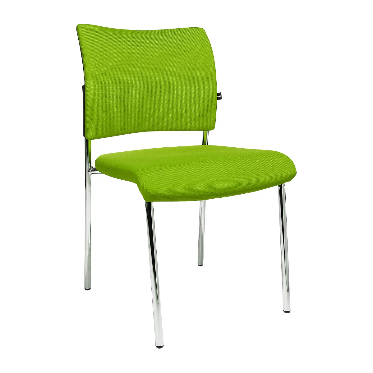 A green chair with chrome legs and back. The seat has a curved shape.