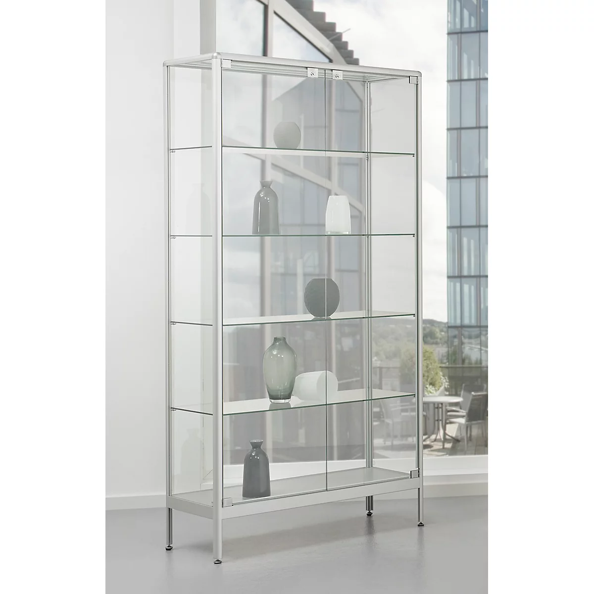 Vitrina de presentación de pie, puerta batiente de dos hojas, marco de aluminio, cristal de seguridad templado, An 800 x P 400 x Al 1950 mm, plata