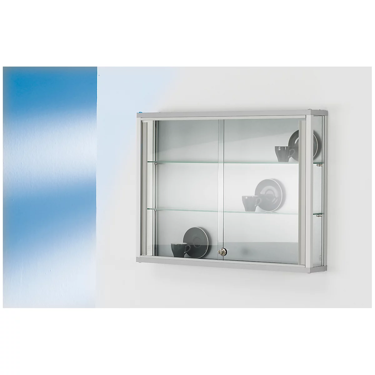 Vitrina mural, con gancho, 2 estantes de cristal ajustables, puertas correderas con cerradura, cristal templado de seguridad, An 800 x P 120 x Al 590 mm