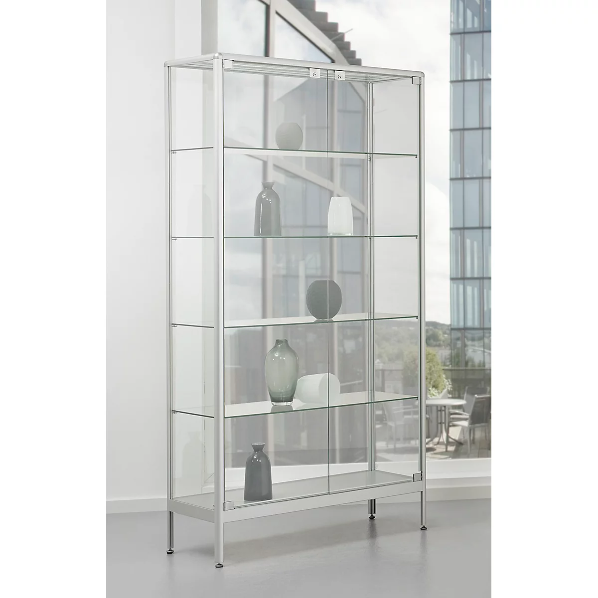 Vitrine de présentation sur pied, porte battante à double battant, cadre en aluminium, vitrage ESG, L 1000 x P 400 x H 1950 mm, argenté