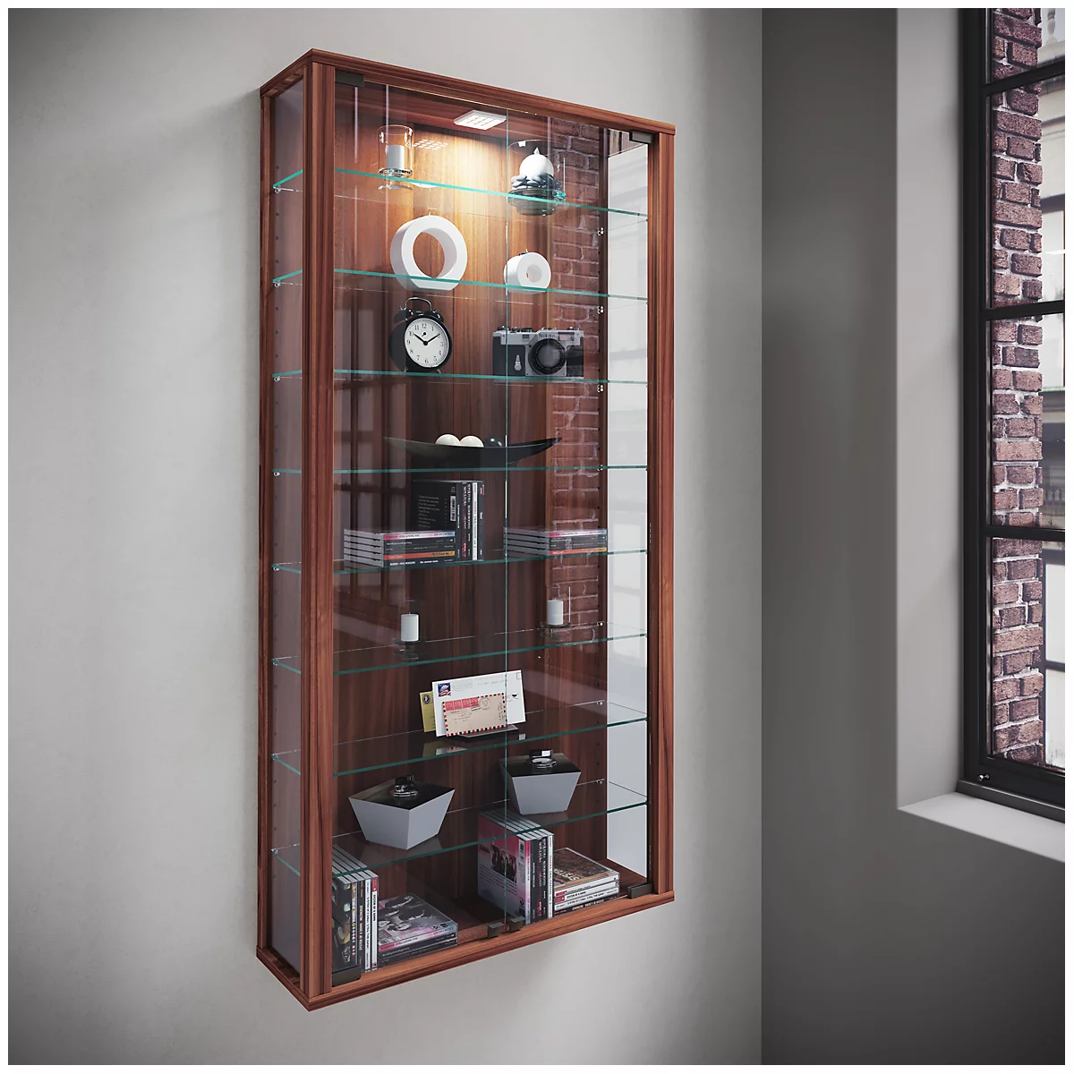 Vitrine murale Vitrosa Maxi - l. 590 x P 180 x H 1140 mm - SANS éclairage LED - 8 étagères - verre et bois - décor cœur de noyer