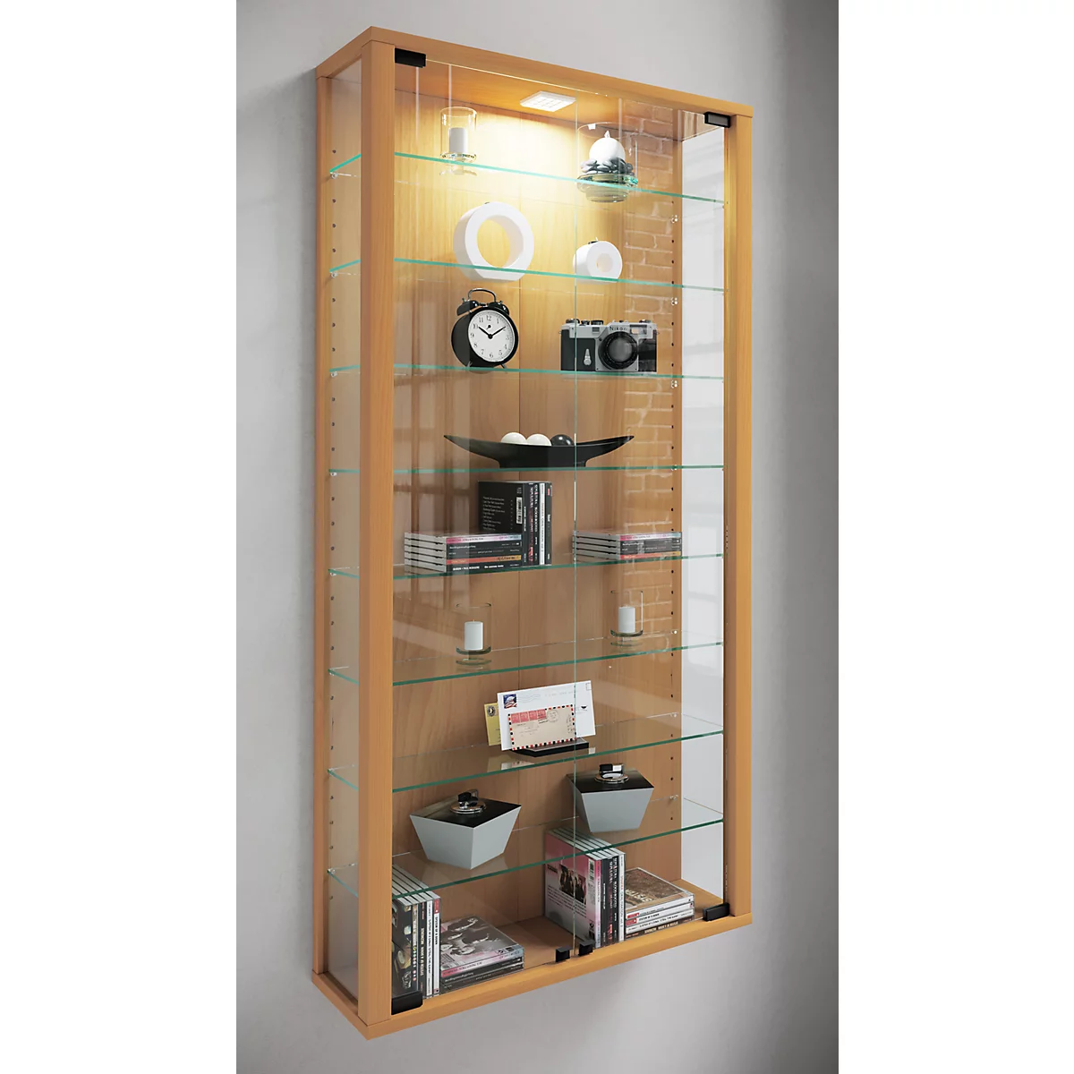 Vitrine murale Vitrosa Maxi - l. 590 x P 180 x H 1140 mm - SANS éclairage LED - 8 étagères - verre et bois - décor hêtre