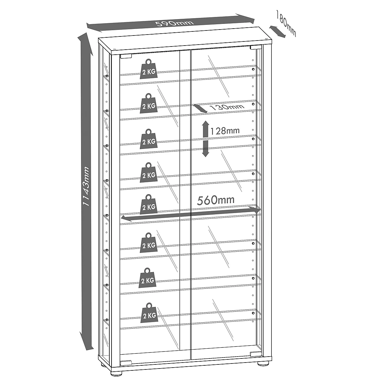 Vitrine murale Vitrosa Maxi - l. 590 x P 180 x H 1140 mm - SANS éclairage LED - 8 étagères - verre et bois - noir
