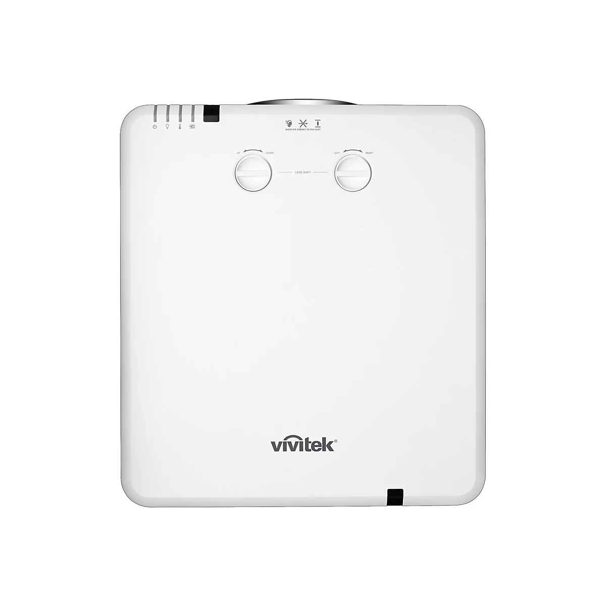 Weiße Gehäuseoberseite eines Vivitek Projektors mit zwei Drehreglern für Lens-Shift und Status-LEDs.