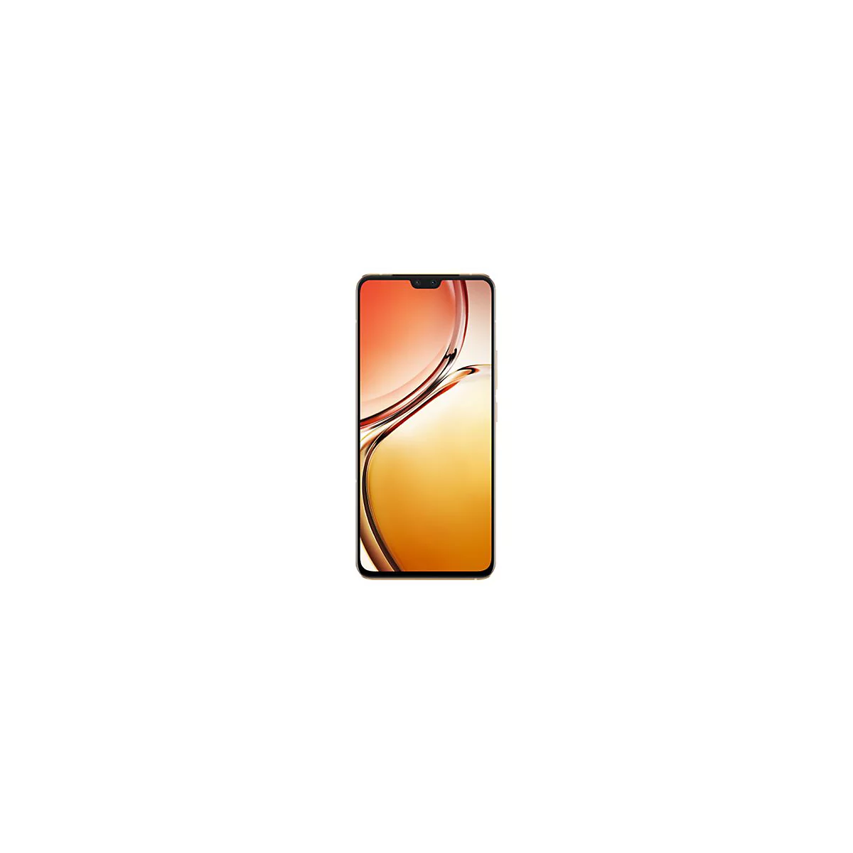 Smartphone-Vorderansicht, goldfarbener Rahmen, randloses Display mit orange-gelbem Hintergrund.