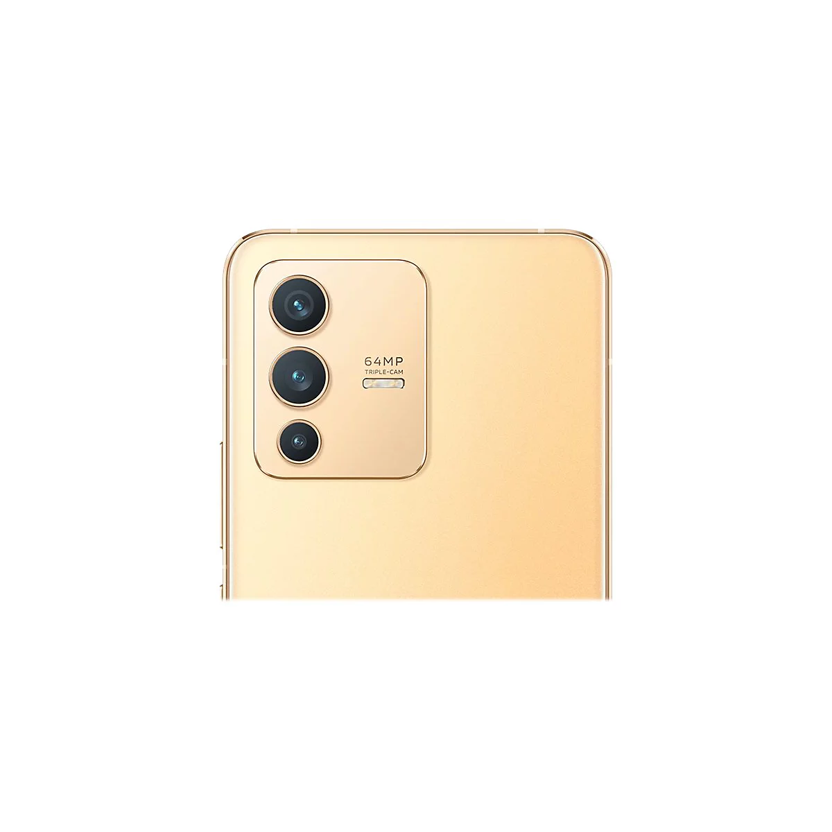 Nahaufnahme des goldfarbenen Smartphone-Rückens mit Dreifachkamera. Text: 64MP Triple-Cam.