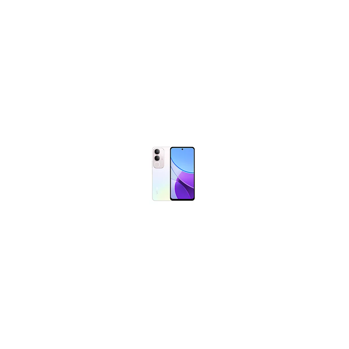 Smartphone blanc avec deux caméras et un écran avec un arrière-plan bleu et violet.