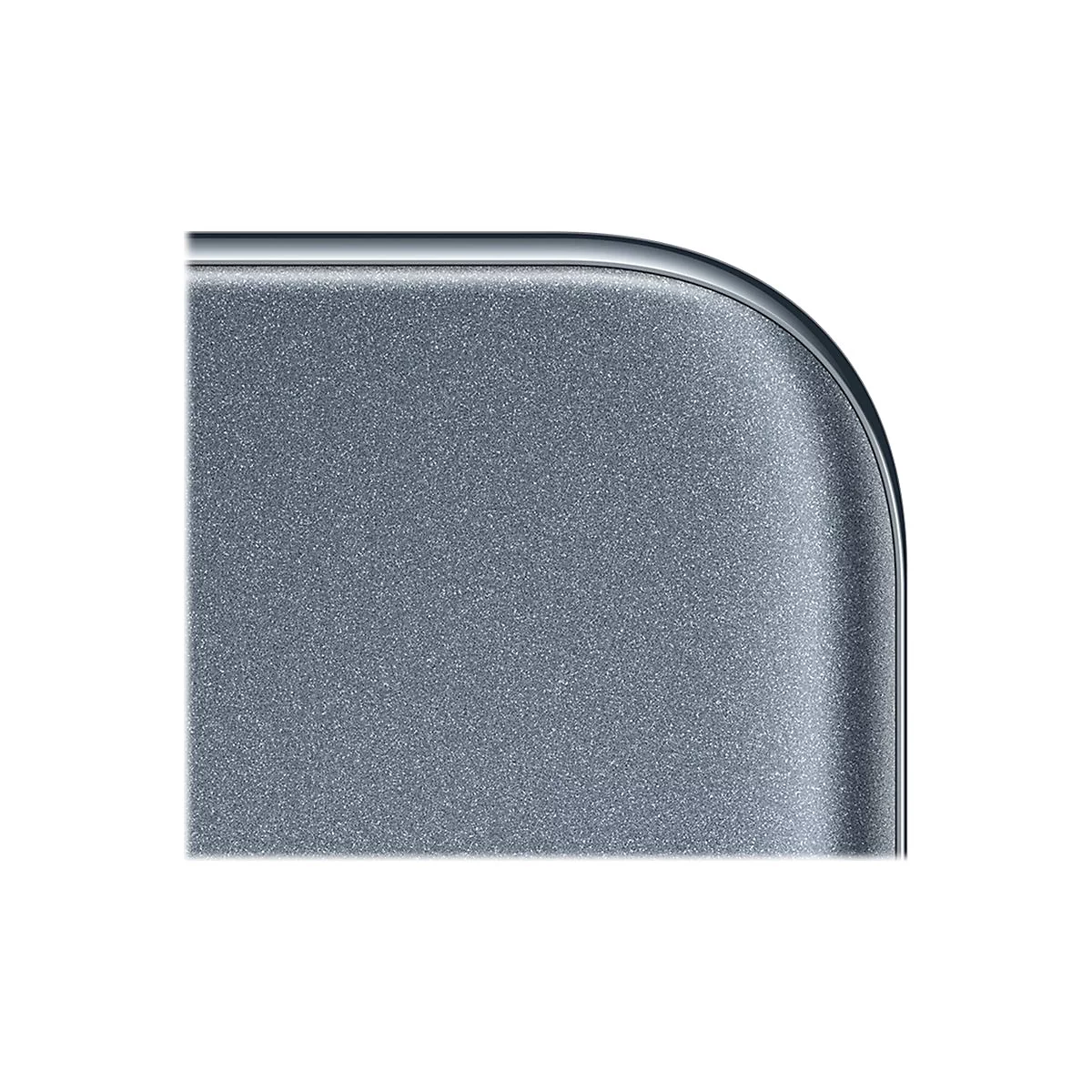 Nahaufnahme einer abgerundeten Ecke eines grau-melierten Gehäuses mit glänzendem Rahmen.