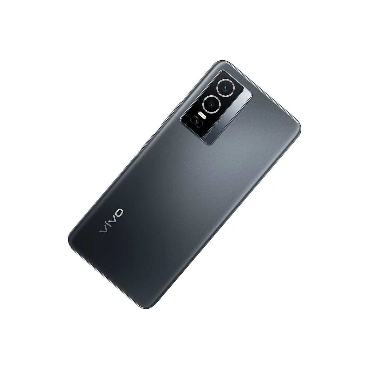 Dunkelgraues Smartphone-Rückseite mit Kameras. Aufschrift "vivo".