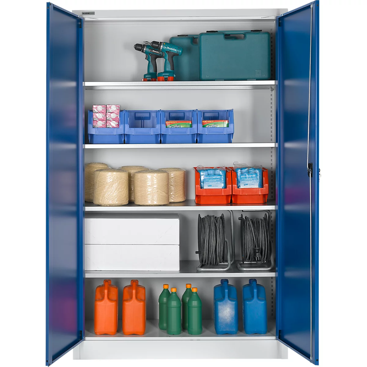 Vleugeldeurkast - staal - B 1200 x D 400 x H 1935 mm - 5 HC - 4 legborden - afsluitbaar - lichtgrijs RAL 7035/gentiaanblauw RAL 5010 - ons merk Schäfer Shop Pure