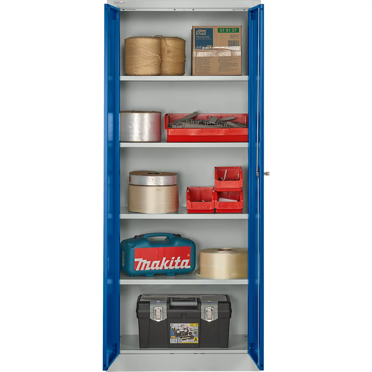 Vleugeldeurkast - staal - B 800 x D 400 x H 1935 mm - 5 HC - 4 legborden - afsluitbaar - lichtgrijs RAL 7035/gentiaanblauw RAL 5010 - ons merk Schäfer Shop Pure