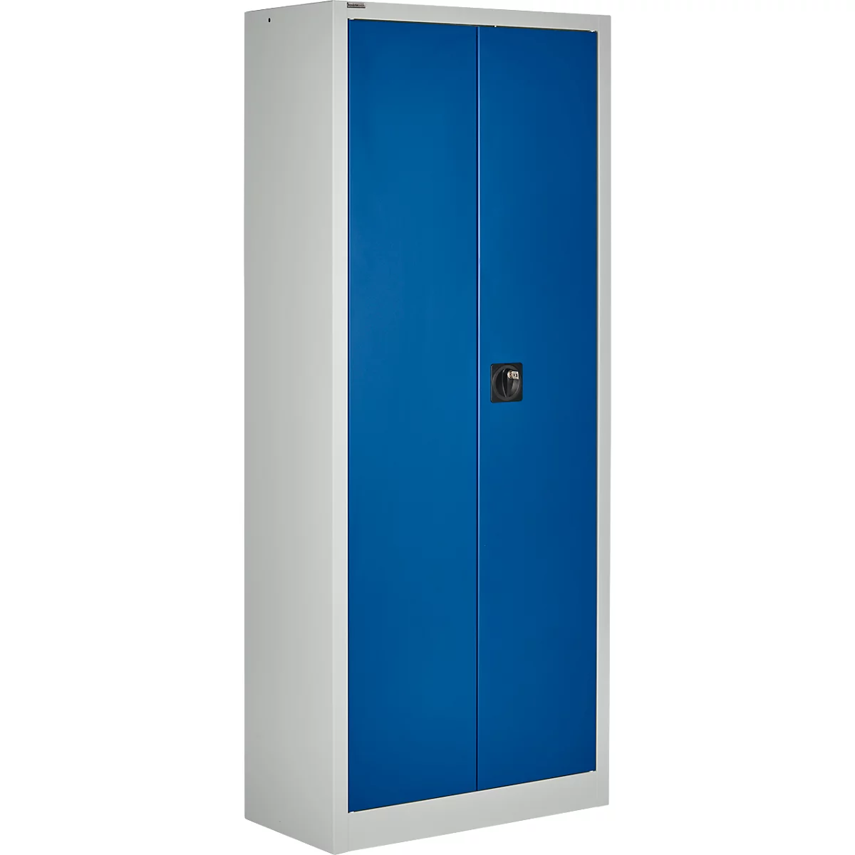 Een stalen kast met witte zijkanten en blauwe deuren. Een handvat zit in het midden.
