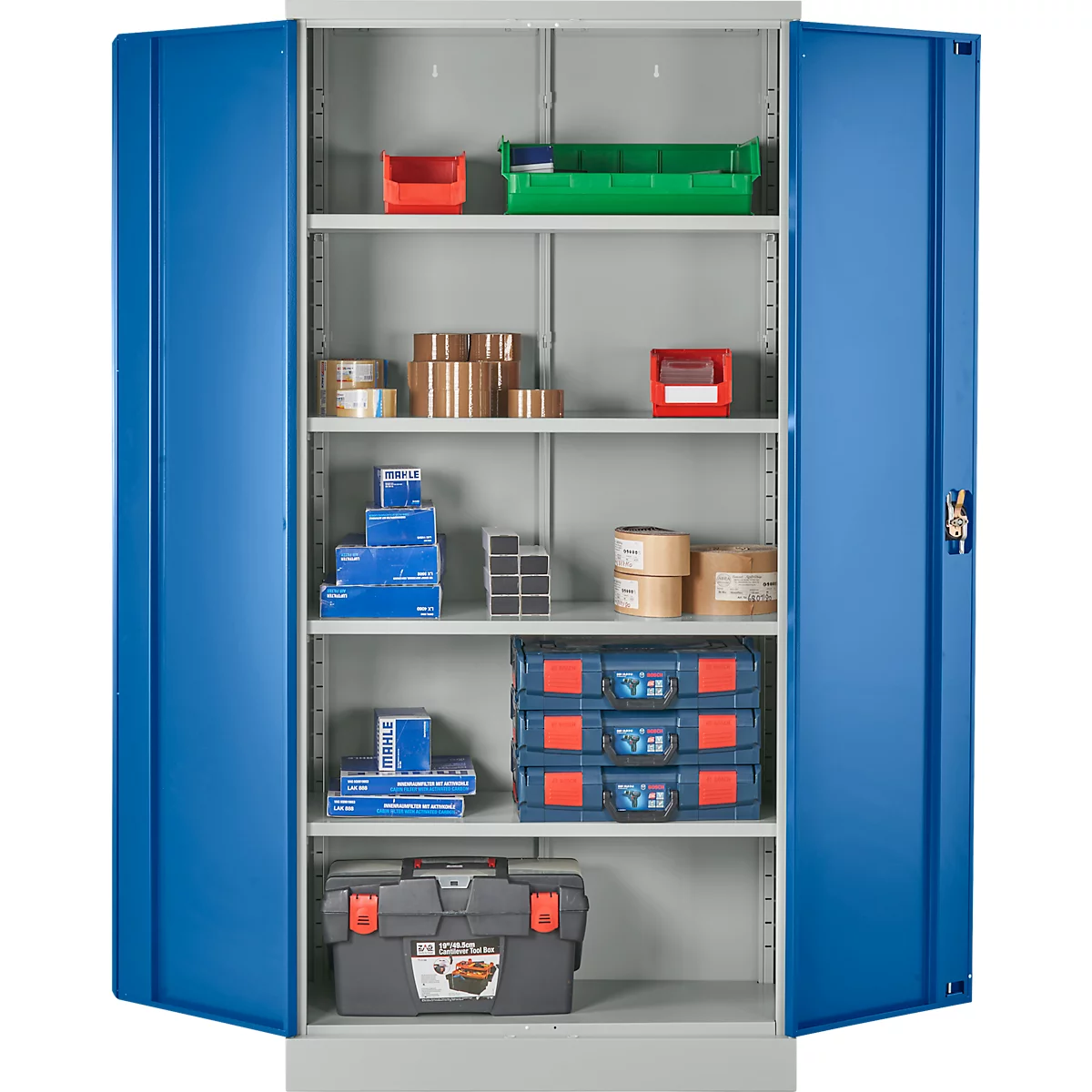 Vleugeldeurkast - staal - B 916 x D 422 x H 1950 mm - 5 OH - 4 legborden - afsluitbaar - lichtgrijs RAL 7035/gentiaanblauw RAL 5010