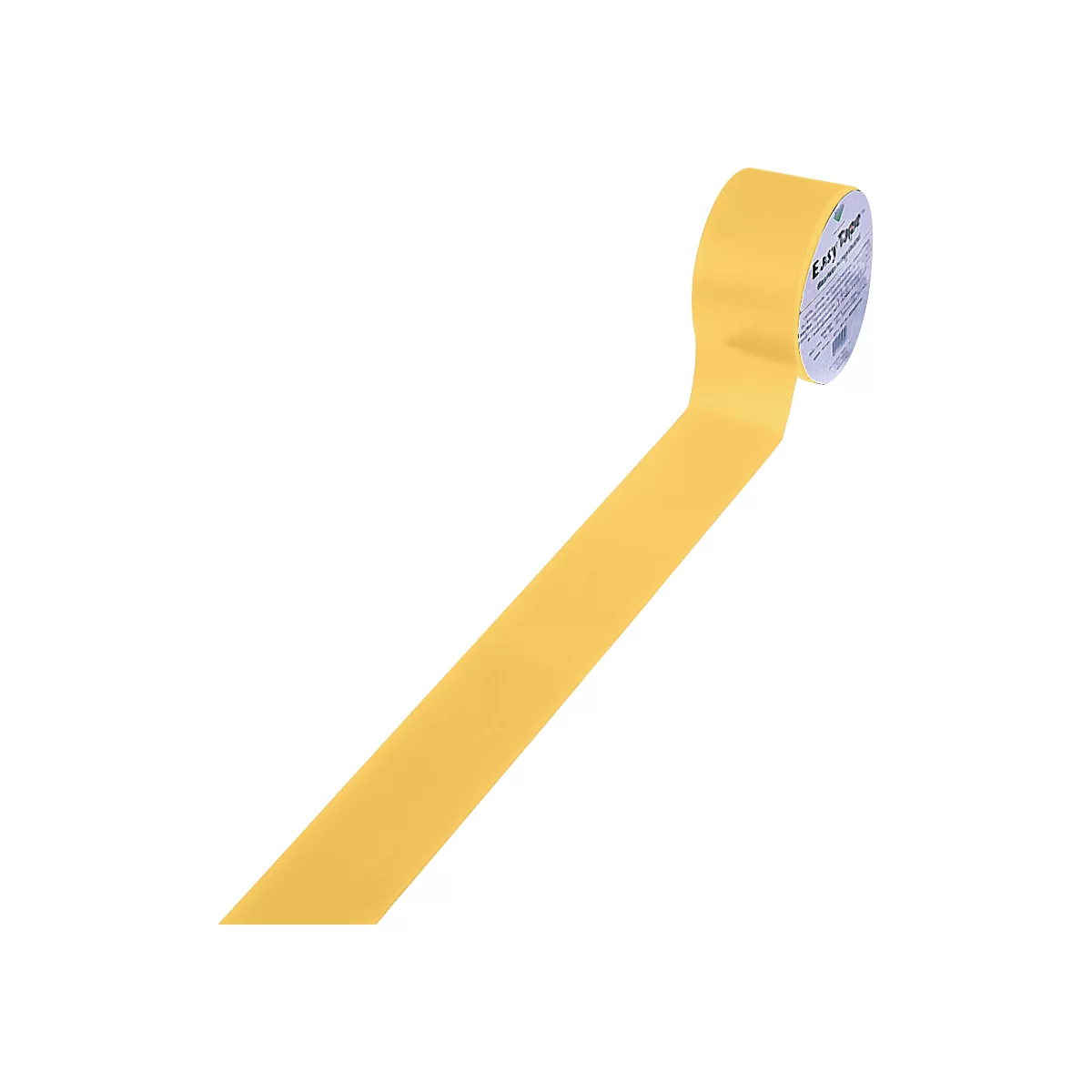 Een rol gele tape met een uitgetrokken strook. Etikettering op de rol.