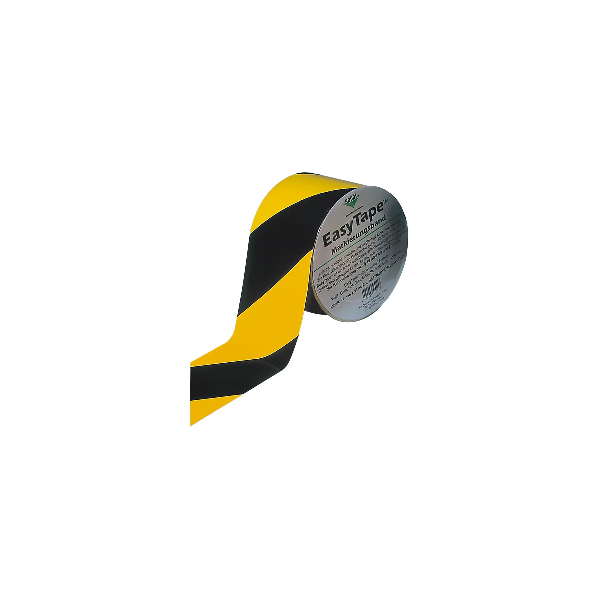Gerolde gele en zwarte markeringstape rol met de inscriptie "EasyTape".