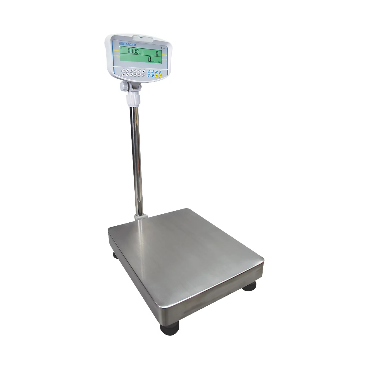 Vloertelweegschaal Adam GFC 150, weegbereik 20 g-150 kg, LC-display, numeriek toetsenbord, RS-232, netvoeding/batterij, B 400 x D 620 x H 860 mm, roestvrij staal, grijs