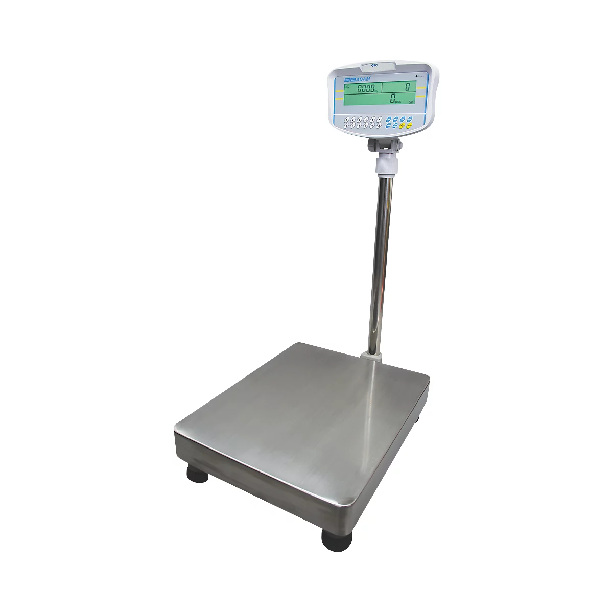 Vloertelweegschaal Adam GFC 150, weegbereik 20 g-150 kg, LC-display, numeriek toetsenbord, RS-232, netvoeding/batterij, B 400 x D 620 x H 860 mm, roestvrij staal, grijs
