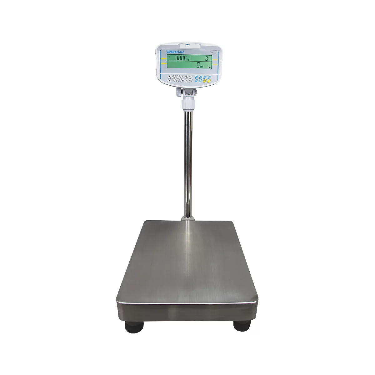 Vloertelweegschaal Adam GFC 300, weegbereik 10 g-300 kg, LC-display, numeriek toetsenbord, RS-232, netvoeding/batterij, B 400 x D 620 x H 860 mm, roestvrij staal, grijs