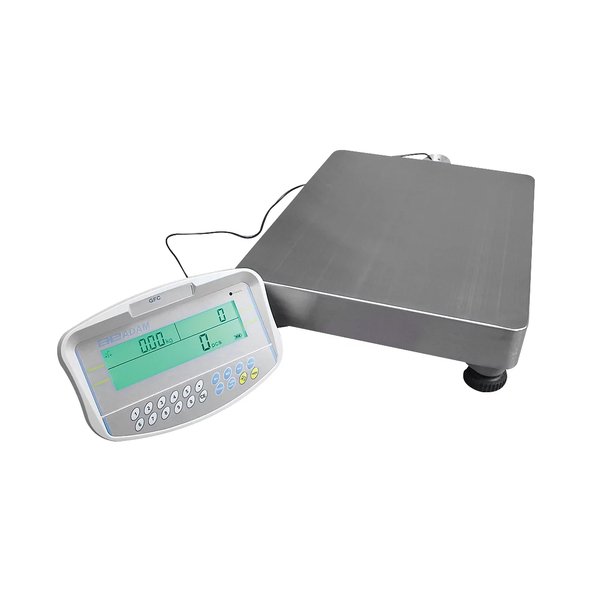 Vloertelweegschaal Adam GFC 75, weegbereik 5 g-75 kg, LC-display, numeriek toetsenbord, RS-232, netvoeding/batterij, B 400 x D 620 x H 860 mm, roestvrij staal, grijs