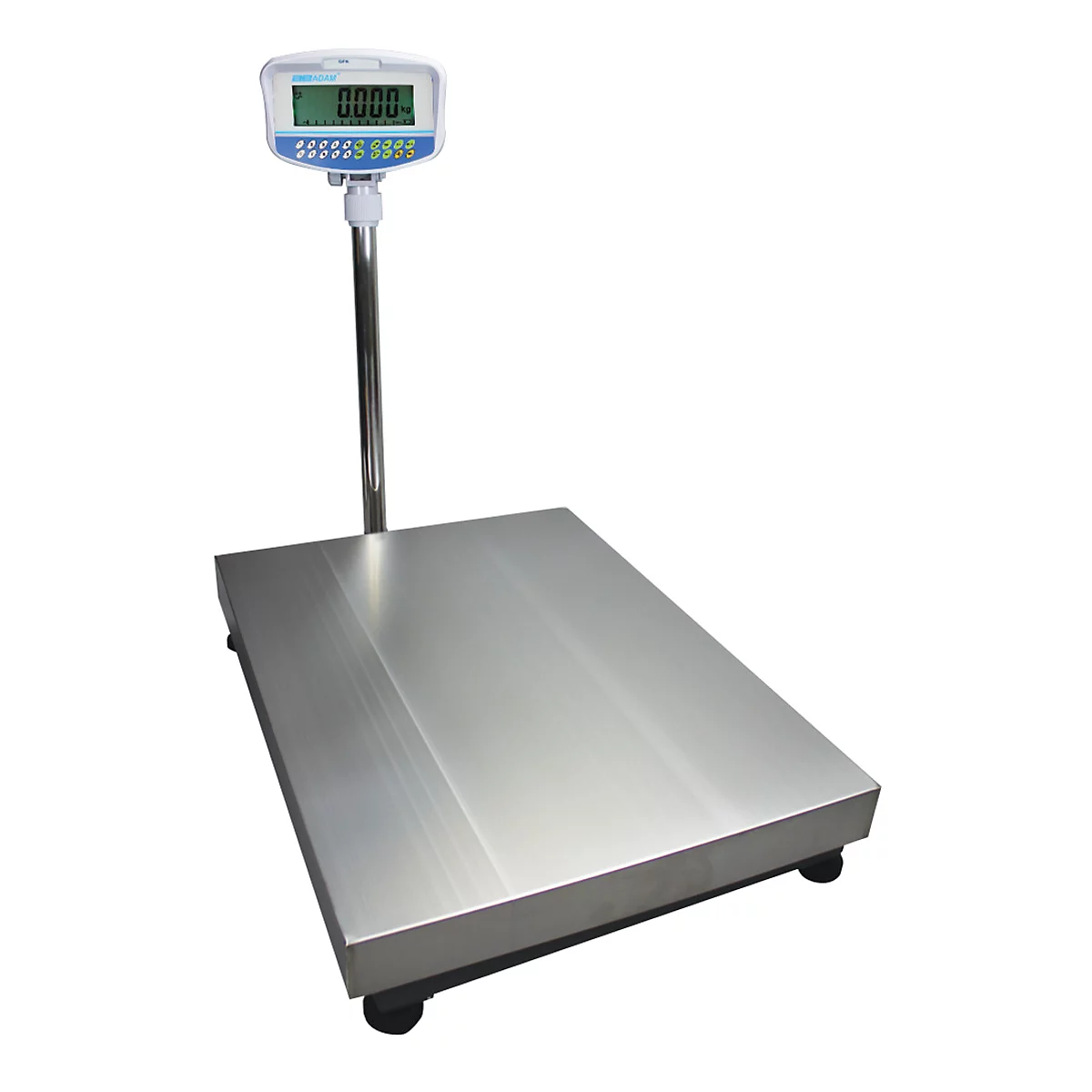 Digitale industriële weegschaal met roestvrijstalen platform en display met 0.000, op een witte achtergrond.