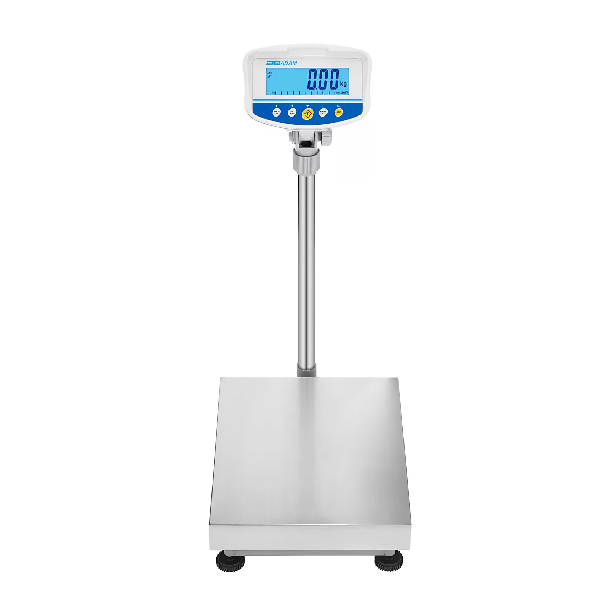 Een digitale weegschaal met blauw display, met 0,000 kg. Het heeft een roestvrijstalen platform en staat op zwarte voeten.