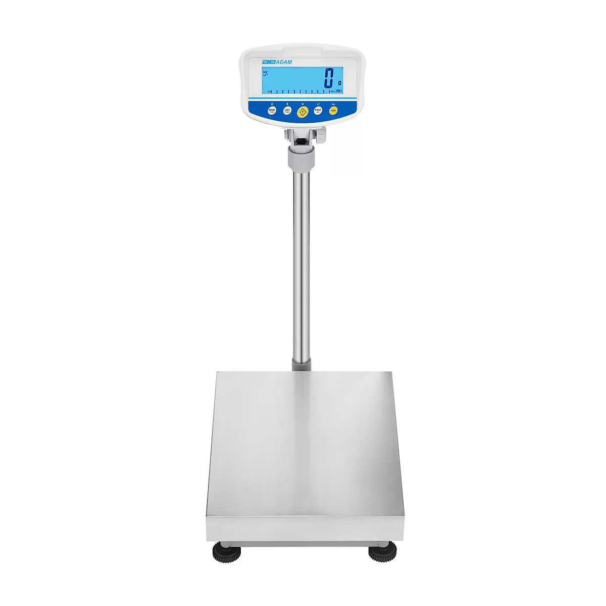 Een digitale weegschaal met blauw display, zilveren pilaar en plaat. Het display geeft "0.0" aan. Hij staat op zwarte voeten.