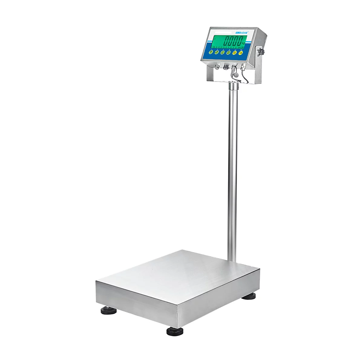 Industriële weegschaal met digitale display, roestvrij staal. Het display geeft "0.0000" aan.