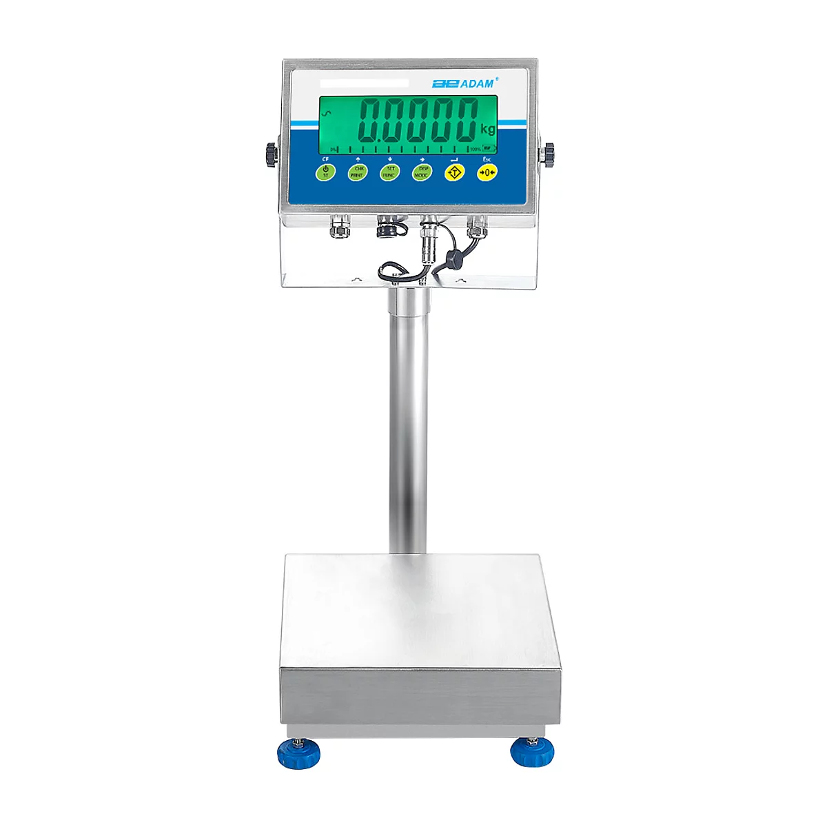 Digitale weegschaal met groen display. Het scherm geeft 0,0000 weer. Daaronder knoppen, de weegschaal is zilver met een blauw frame en blauwe voetjes.