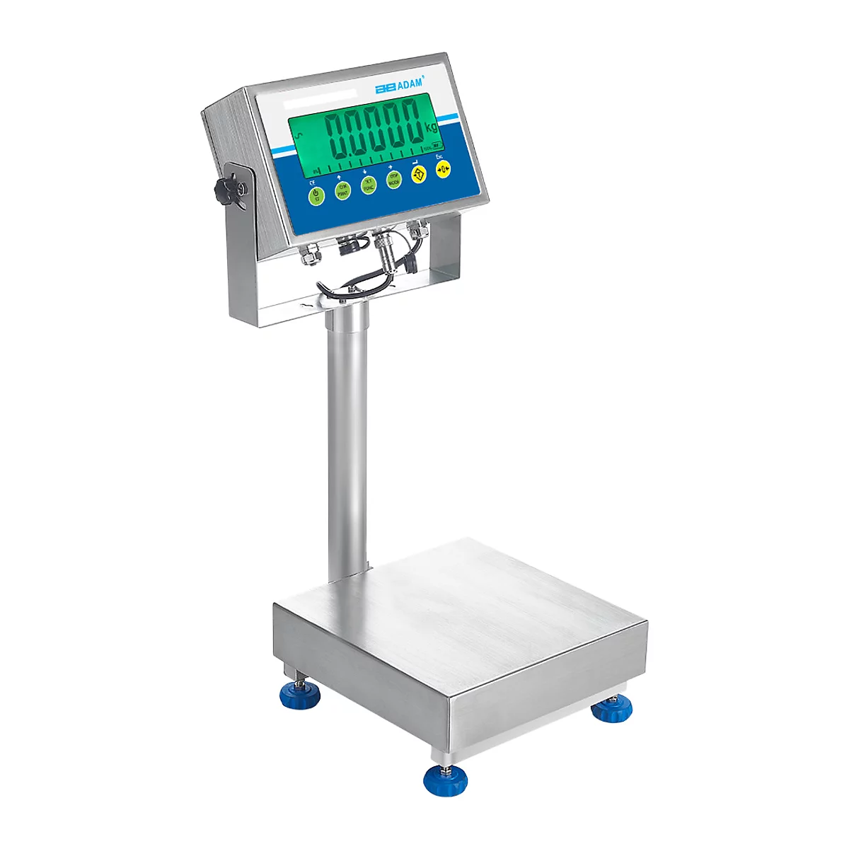 Digitale metalen weegschaal met groen display. Het bedrijfslogo is zichtbaar boven het display. Blauwe voeten zitten aan de onderkant.