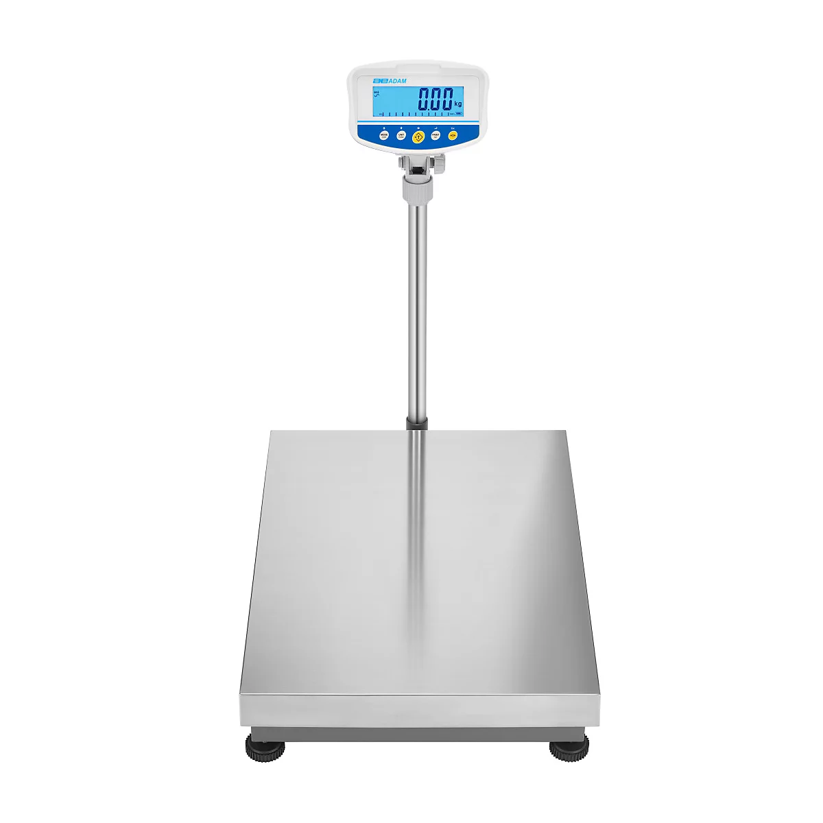 Digitale weegschaal met display: 0.000 kg. Op metalen platform, standaard, digitale display.