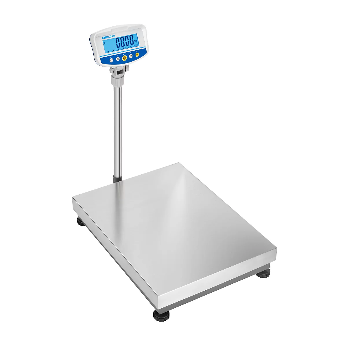 Digitale weegschaal met display: 0.0000. Rechthoekig roestvrijstalen weegoppervlak, display op een standaard.