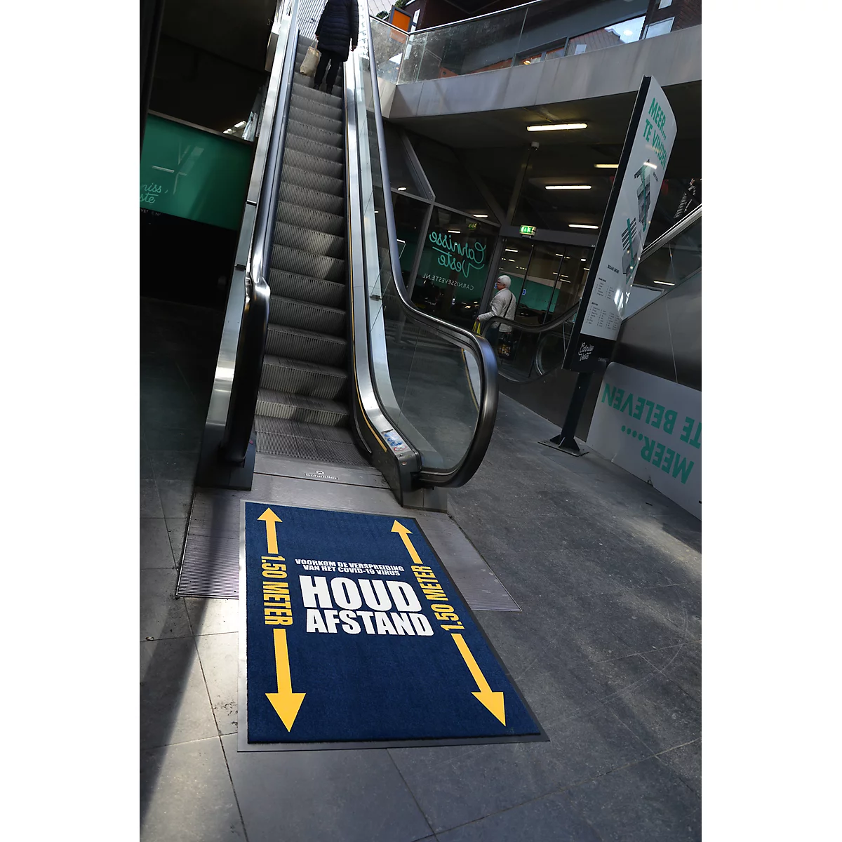 Voetmat “Afstand houden”, polyamide/vinyl, L 1500 x B 900 mm, blauw/geel/wit, Nederlandse markering