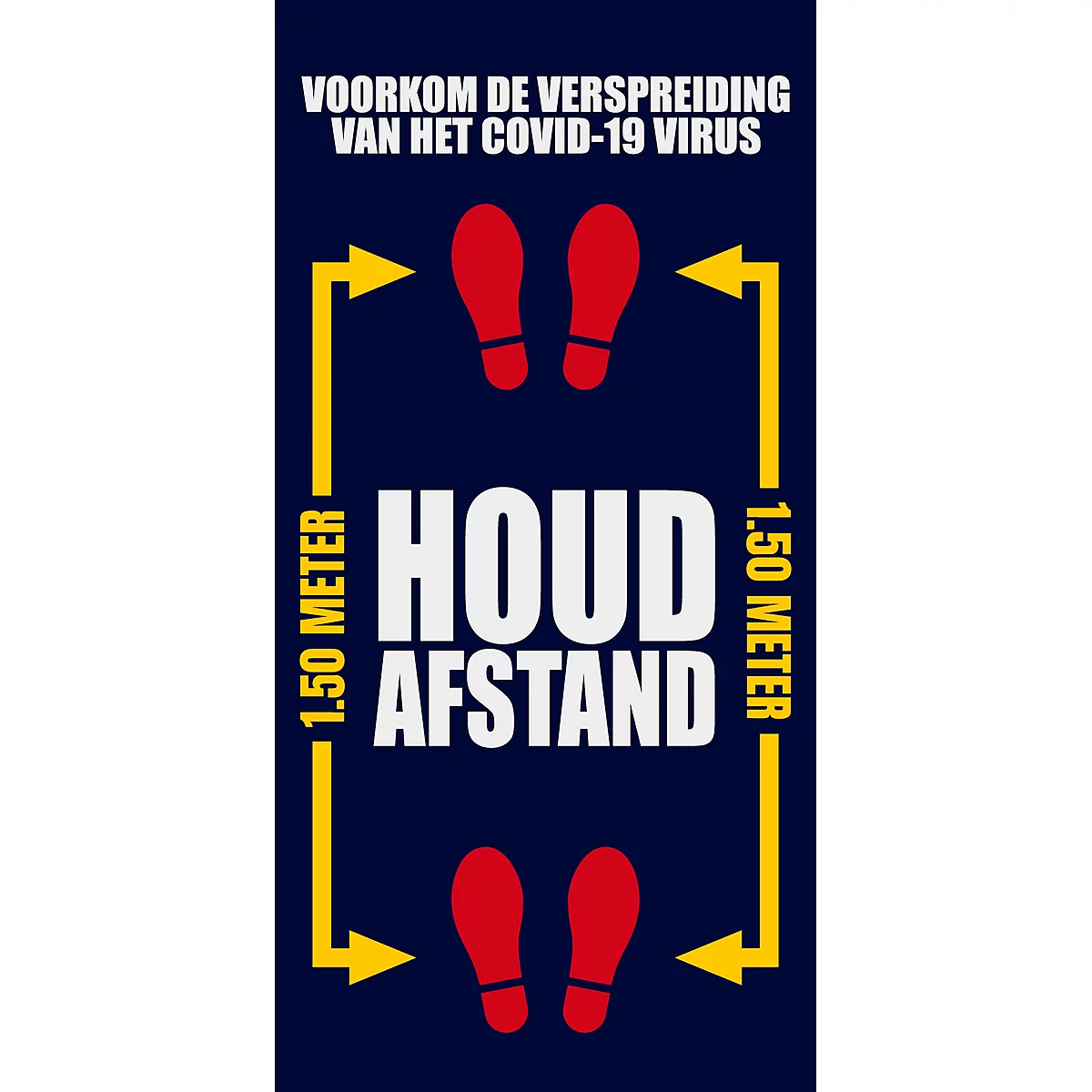 Voetmat “Afstand houden”, polyamide/vinyl, L 1500 x B 900 mm, blauw/geel/wit, Nederlandse markering
