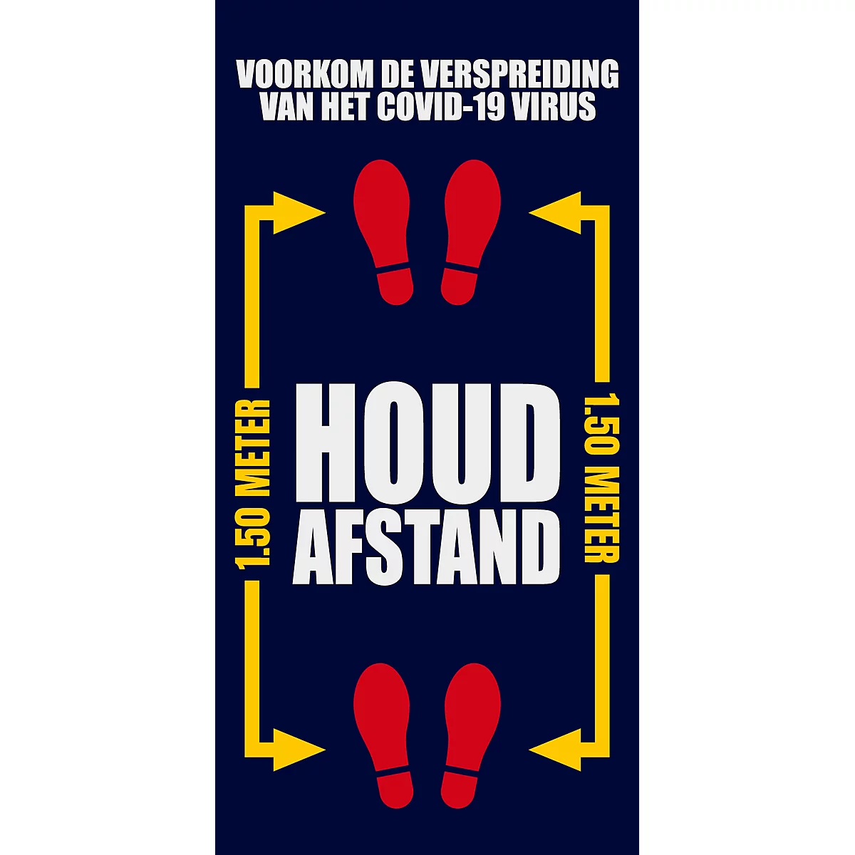 Voetmat “Afstand houden”, polyamide/vinyl, L 1800 x B 1200 mm, blauw/geel/wit, Nederlandse markering, met rode voetafdruk