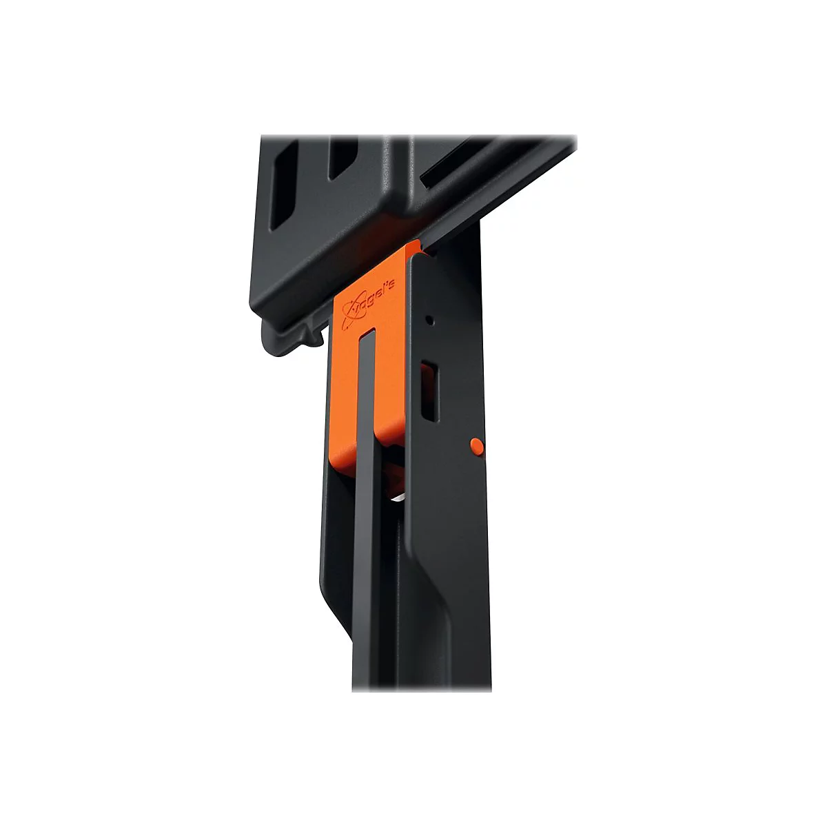 Detailaufnahme einer Halterung. Schwarz und orange. Das Logo "Vogels" ist zu sehen.