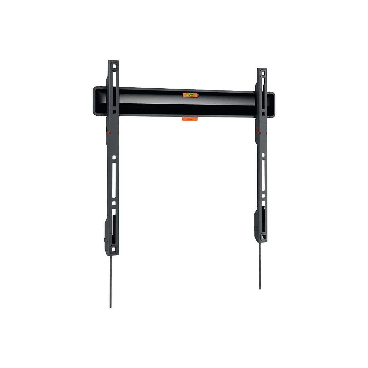 Schwarze TV-Wandhalterung, mit Wasserwaage und Montagepunkten vor weißem Hintergrund.