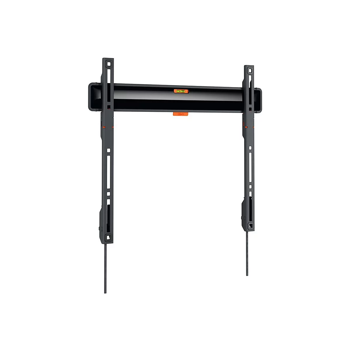 Schwarze TV-Wandhalterung, mittig auf weißem Hintergrund platziert. Orangefarbene Details heben sich ab.