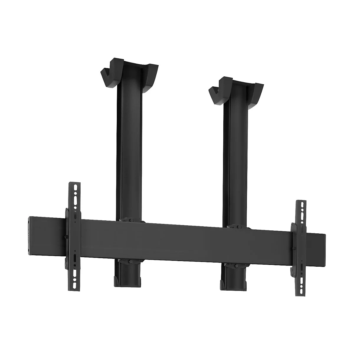 Schwarze TV-Halterung. Zwei Säulen mit Halterungen, die an einer horizontalen Leiste befestigt sind, an der ein Fernseher angebracht werden kann.