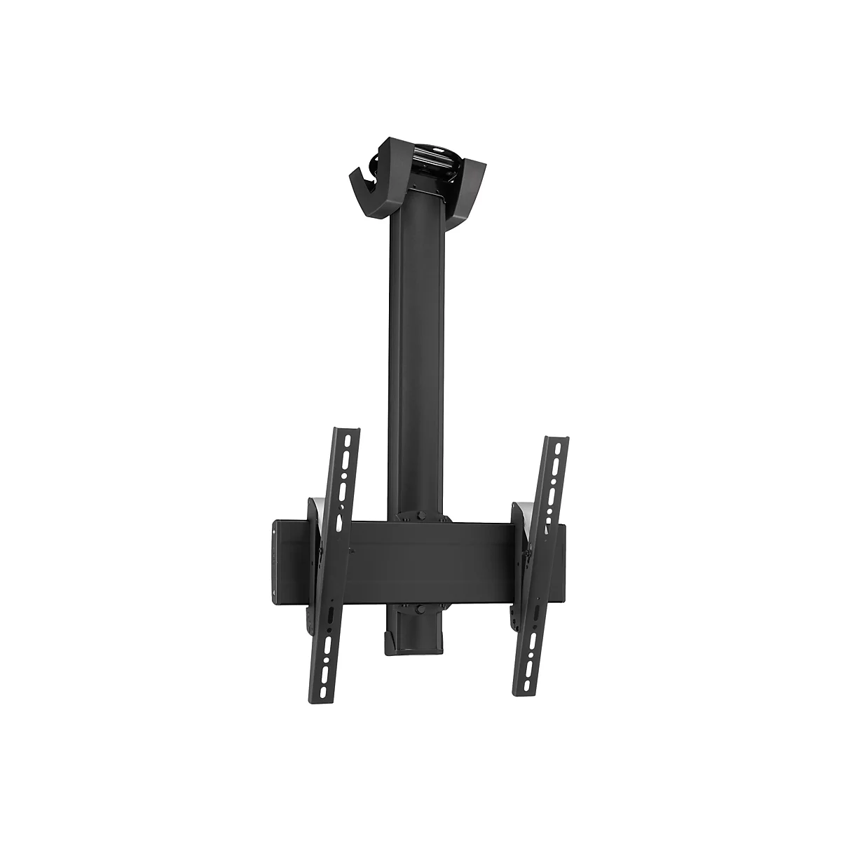 Schwarze TV-Deckenhalterung mit Halterungen. Der Halter ist an einer Halterung befestigt, die an der Decke befestigt wird.