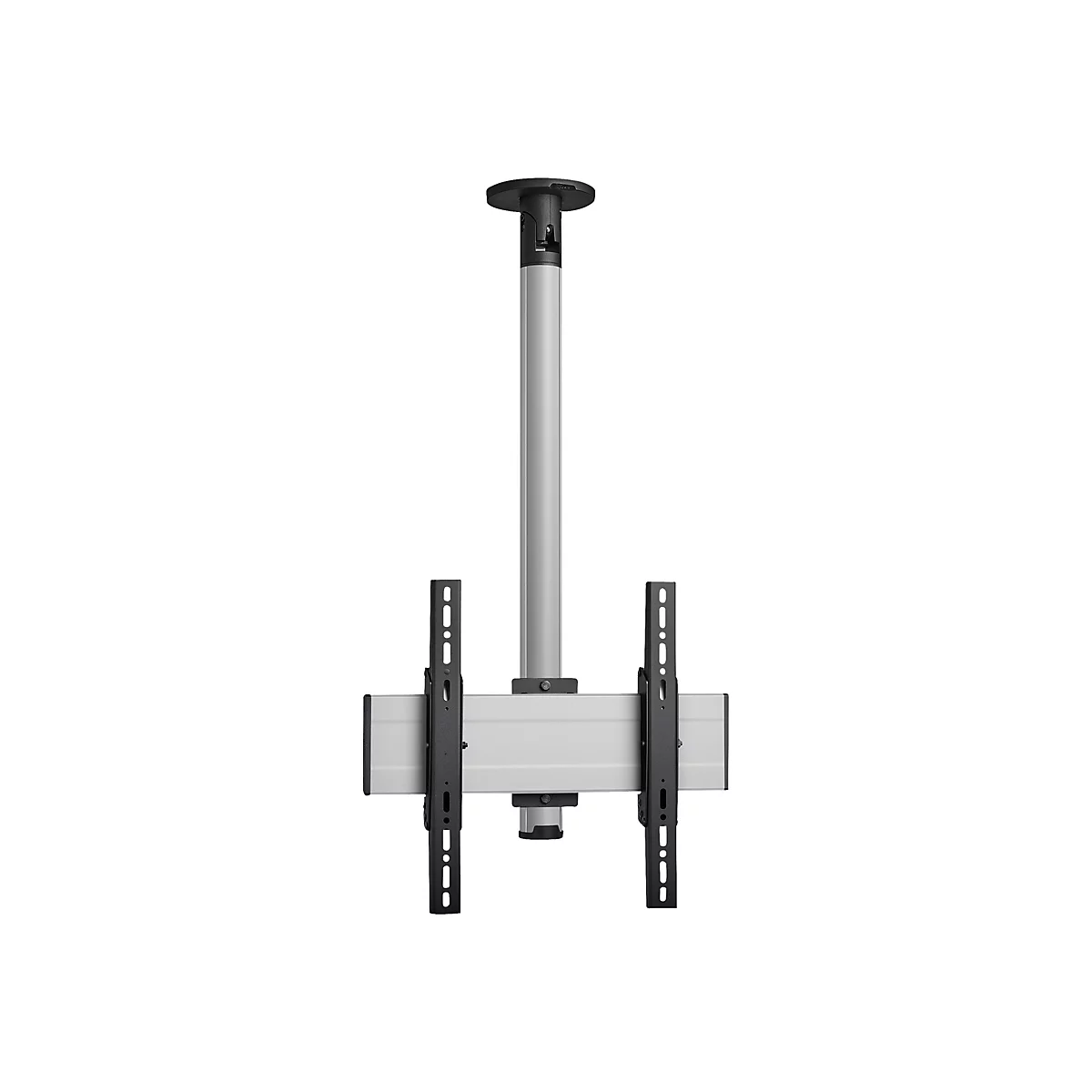 Deckenhalterung für einen Fernseher, grau und schwarz, freigestellt auf weißem Hintergrund.