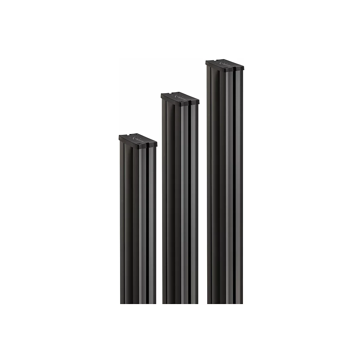 Drei schwarze Säulen unterschiedlicher Höhe vor weißem Hintergrund. Jede Säule hat einen rechteckigen, dunklen Abschluss.