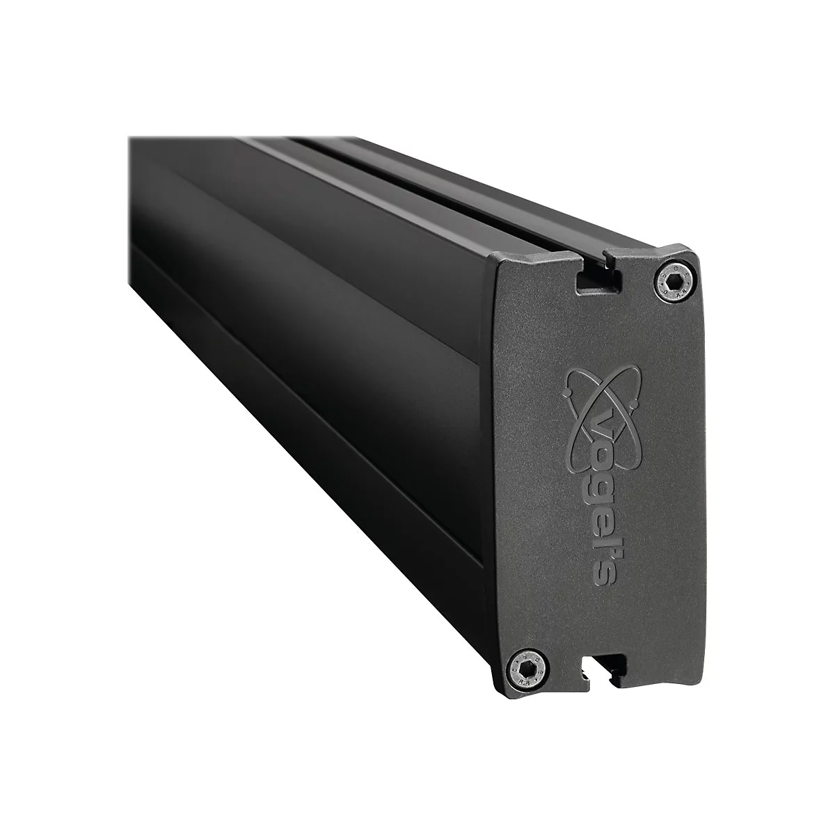 Detailaufnahme eines schwarzen, rechteckigen Vogels-Produkts. Der Markenname und Schrauben sind zu sehen.