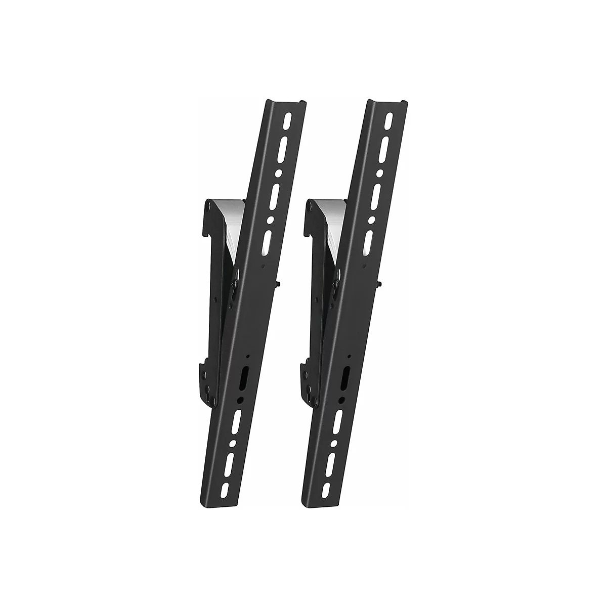 Deux supports noirs pour une télévision, sur fond blanc.